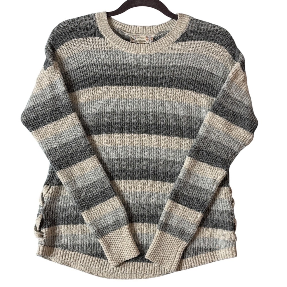 Pink Republic XS Striped Lace Up Side Sweater Oversized Chunky Knit Gray Cream
